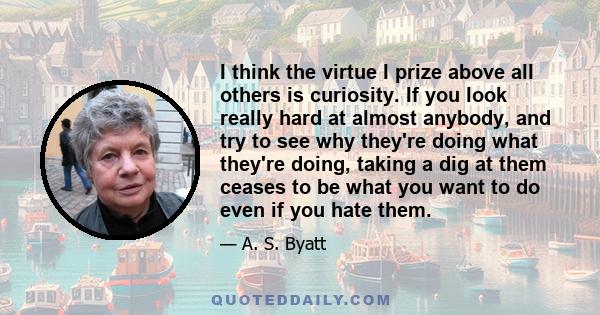 I think the virtue I prize above all others is curiosity. If you look really hard at almost anybody, and try to see why they're doing what they're doing, taking a dig at them ceases to be what you want to do even if you