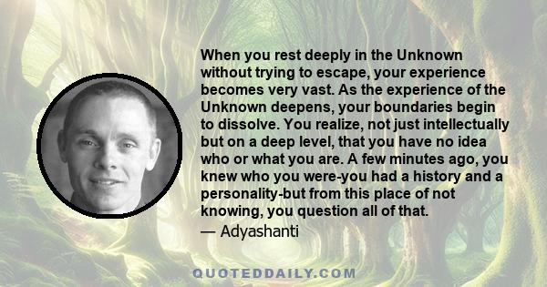 When you rest deeply in the Unknown without trying to escape, your experience becomes very vast. As the experience of the Unknown deepens, your boundaries begin to dissolve. You realize, not just intellectually but on a
