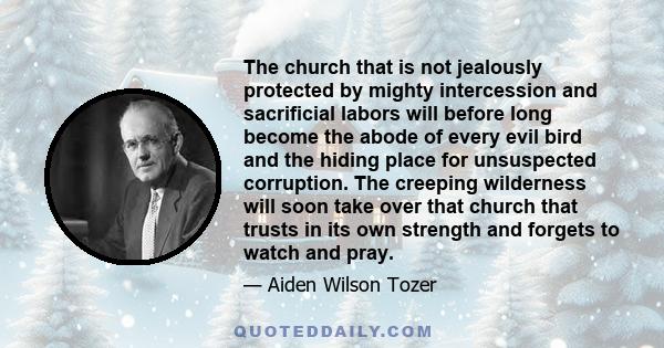 The church that is not jealously protected by mighty intercession and sacrificial labors will before long become the abode of every evil bird and the hiding place for unsuspected corruption. The creeping wilderness will