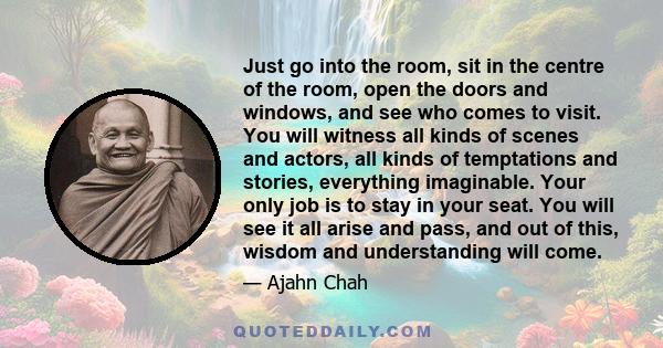 Just go into the room, sit in the centre of the room, open the doors and windows, and see who comes to visit. You will witness all kinds of scenes and actors, all kinds of temptations and stories, everything imaginable.