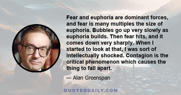 Fear and euphoria are dominant forces, and fear is many multiples the size of euphoria. Bubbles go up very slowly as euphoria builds. Then fear hits, and it comes down very sharply. When I started to look at that, I was