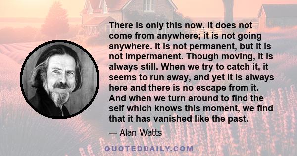 There is only this now. It does not come from anywhere; it is not going anywhere. It is not permanent, but it is not impermanent. Though moving, it is always still. When we try to catch it, it seems to run away, and yet