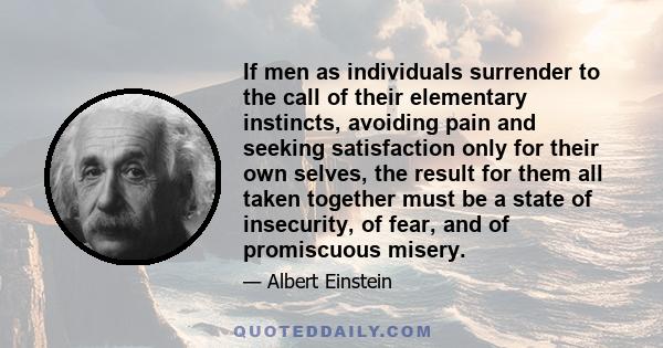 If men as individuals surrender to the call of their elementary instincts, avoiding pain and seeking satisfaction only for their own selves, the result for them all taken together must be a state of insecurity, of fear,