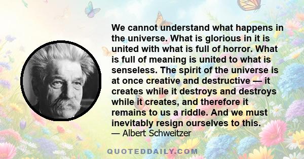 We cannot understand what happens in the universe. What is glorious in it is united with what is full of horror. What is full of meaning is united to what is senseless. The spirit of the universe is at once creative and