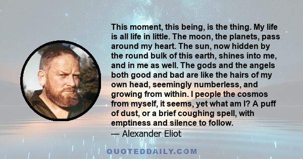This moment, this being, is the thing. My life is all life in little. The moon, the planets, pass around my heart. The sun, now hidden by the round bulk of this earth, shines into me, and in me as well. The gods and the