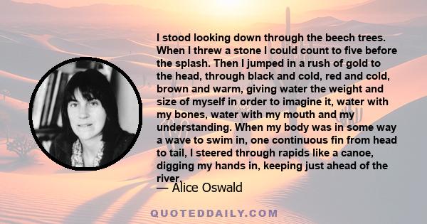 I stood looking down through the beech trees. When I threw a stone I could count to five before the splash. Then I jumped in a rush of gold to the head, through black and cold, red and cold, brown and warm, giving water