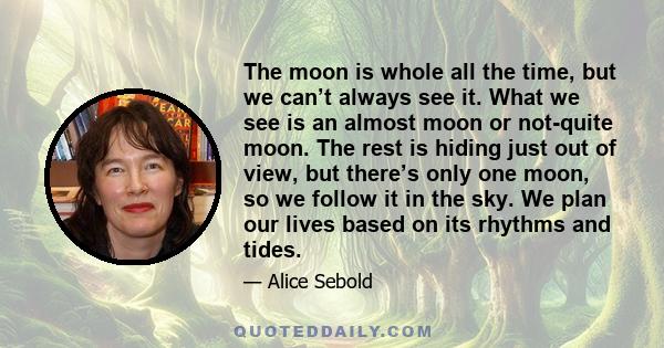 The moon is whole all the time, but we can’t always see it. What we see is an almost moon or not-quite moon. The rest is hiding just out of view, but there’s only one moon, so we follow it in the sky. We plan our lives
