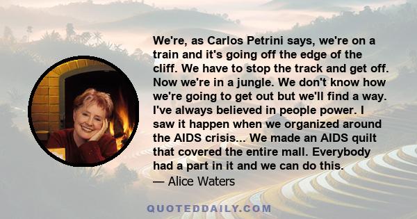 We're, as Carlos Petrini says, we're on a train and it's going off the edge of the cliff. We have to stop the track and get off. Now we're in a jungle. We don't know how we're going to get out but we'll find a way. I've