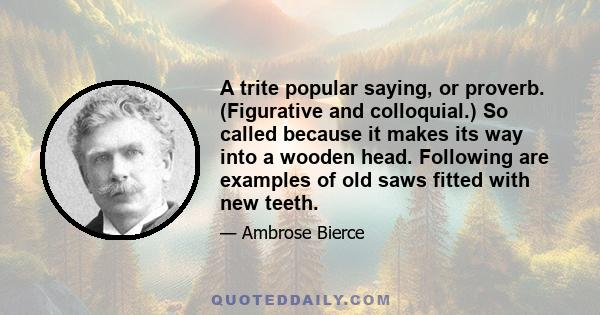 A trite popular saying, or proverb. (Figurative and colloquial.) So called because it makes its way into a wooden head. Following are examples of old saws fitted with new teeth.