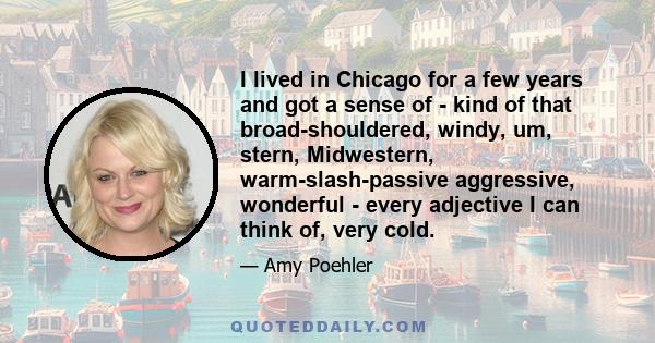 I lived in Chicago for a few years and got a sense of - kind of that broad-shouldered, windy, um, stern, Midwestern, warm-slash-passive aggressive, wonderful - every adjective I can think of, very cold.