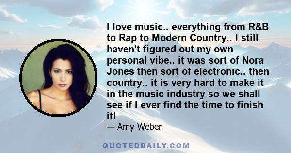I love music.. everything from R&B to Rap to Modern Country.. I still haven't figured out my own personal vibe.. it was sort of Nora Jones then sort of electronic.. then country.. it is very hard to make it in the music