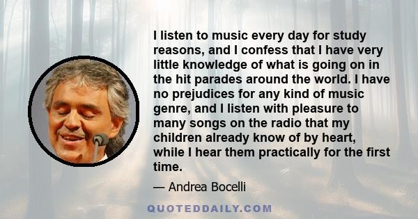 I listen to music every day for study reasons, and I confess that I have very little knowledge of what is going on in the hit parades around the world. I have no prejudices for any kind of music genre, and I listen with