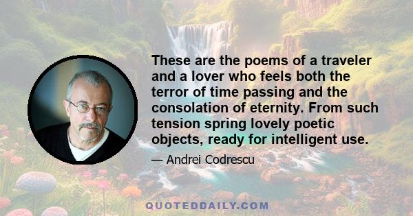 These are the poems of a traveler and a lover who feels both the terror of time passing and the consolation of eternity. From such tension spring lovely poetic objects, ready for intelligent use.