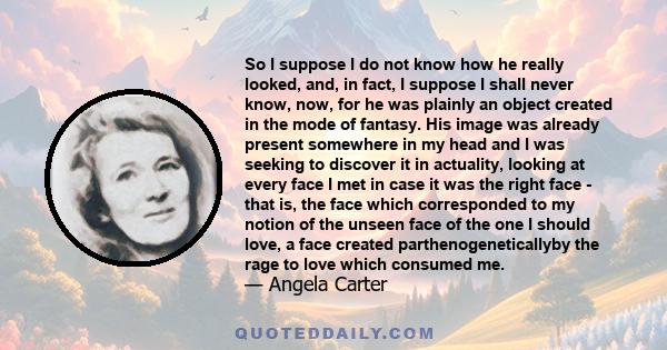 So I suppose I do not know how he really looked, and, in fact, I suppose I shall never know, now, for he was plainly an object created in the mode of fantasy. His image was already present somewhere in my head and I was