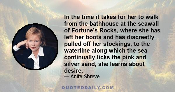 In the time it takes for her to walk from the bathhouse at the seawall of Fortune's Rocks, where she has left her boots and has discreetly pulled off her stockings, to the waterline along which the sea continually licks