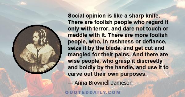 Social opinion is like a sharp knife. There are foolish people who regard it only with terror, and dare not touch or meddle with it. There are more foolish people, who, in rashness or defiance, seize it by the blade,