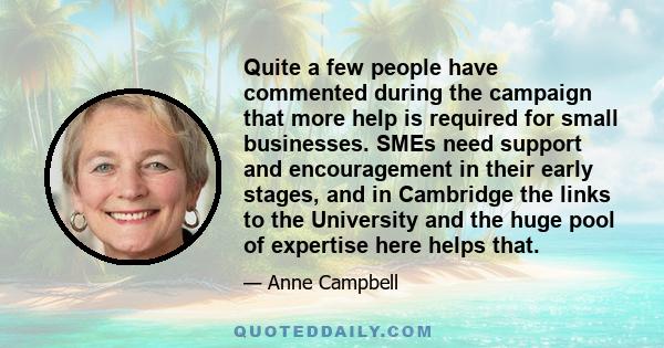 Quite a few people have commented during the campaign that more help is required for small businesses. SMEs need support and encouragement in their early stages, and in Cambridge the links to the University and the huge