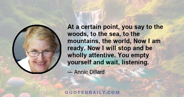 At a certain point, you say to the woods, to the sea, to the mountains, the world, Now I am ready. Now I will stop and be wholly attentive. You empty yourself and wait, listening.