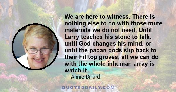 We are here to witness. There is nothing else to do with those mute materials we do not need. Until Larry teaches his stone to talk, until God changes his mind, or until the pagan gods slip back to their hilltop groves,