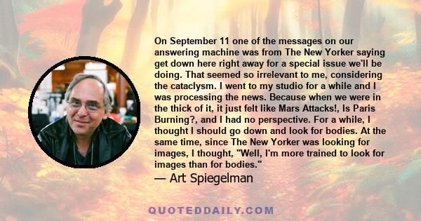 On September 11 one of the messages on our answering machine was from The New Yorker saying get down here right away for a special issue we'll be doing. That seemed so irrelevant to me, considering the cataclysm. I went