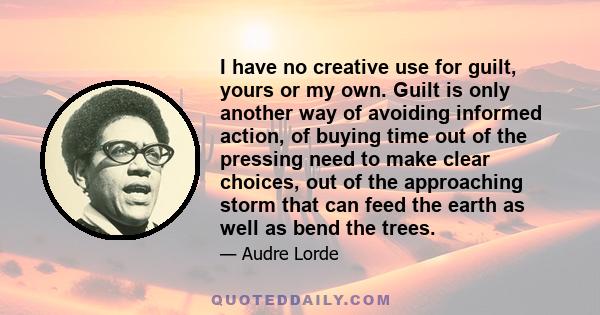 I have no creative use for guilt, yours or my own. Guilt is only another way of avoiding informed action, of buying time out of the pressing need to make clear choices, out of the approaching storm that can feed the