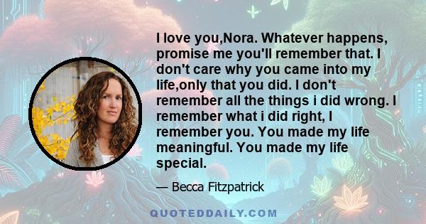 I love you,Nora. Whatever happens, promise me you'll remember that. I don't care why you came into my life,only that you did. I don't remember all the things i did wrong. I remember what i did right, I remember you. You