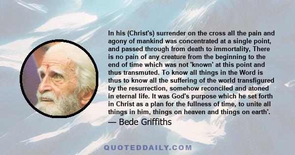 In his (Christ's) surrender on the cross all the pain and agony of mankind was concentrated at a single point, and passed through from death to immortality, There is no pain of any creature from the beginning to the end
