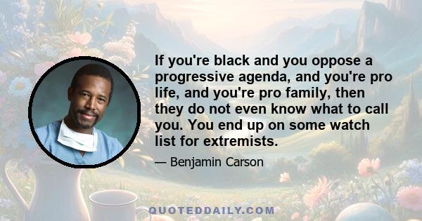 If you're black and you oppose a progressive agenda, and you're pro life, and you're pro family, then they do not even know what to call you. You end up on some watch list for extremists.