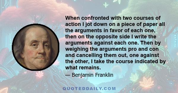 When confronted with two courses of action I jot down on a piece of paper all the arguments in favor of each one, then on the opposite side I write the arguments against each one. Then by weighing the arguments pro and