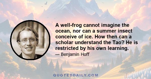 A well-frog cannot imagine the ocean, nor can a summer insect conceive of ice. How then can a scholar understand the Tao? He is restricted by his own learning.