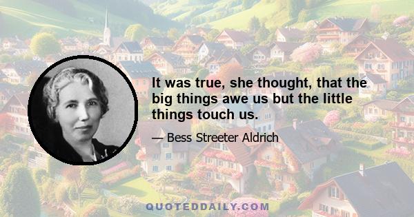 It was true, she thought, that the big things awe us but the little things touch us.