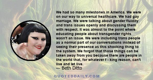 We had so many milestones in America. We were on our way to universal healthcare. We had gay marriage. We were talking about gender fluidity and trans issues openly and discussing them with respect. It was almost to the
