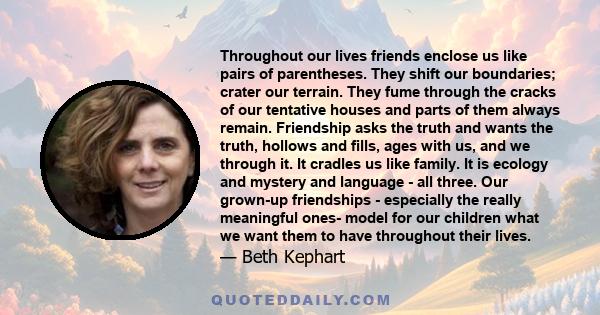 Throughout our lives friends enclose us like pairs of parentheses. They shift our boundaries; crater our terrain. They fume through the cracks of our tentative houses and parts of them always remain. Friendship asks the