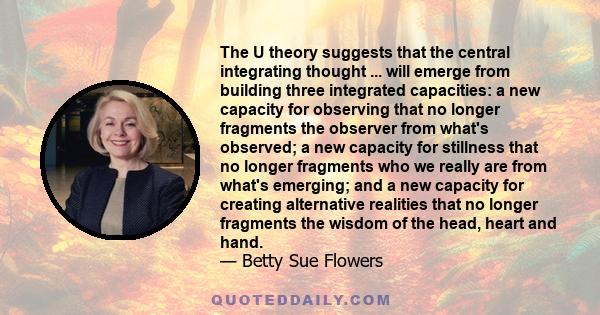 The U theory suggests that the central integrating thought ... will emerge from building three integrated capacities: a new capacity for observing that no longer fragments the observer from what's observed; a new