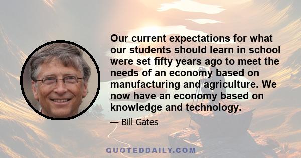 Our current expectations for what our students should learn in school were set fifty years ago to meet the needs of an economy based on manufacturing and agriculture. We now have an economy based on knowledge and