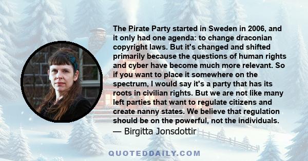 The Pirate Party started in Sweden in 2006, and it only had one agenda: to change draconian copyright laws. But it's changed and shifted primarily because the questions of human rights and cyber have become much more