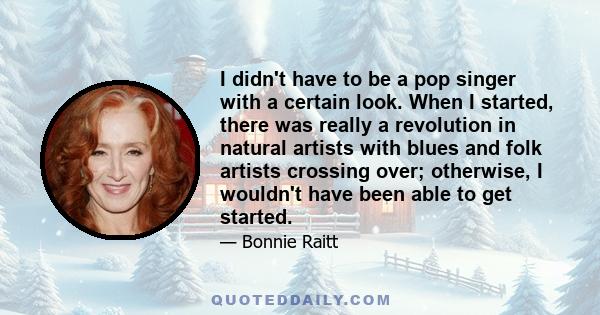 I didn't have to be a pop singer with a certain look. When I started, there was really a revolution in natural artists with blues and folk artists crossing over; otherwise, I wouldn't have been able to get started.