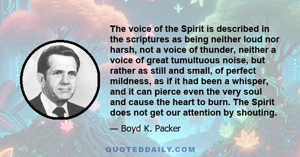 The voice of the Spirit is described in the scriptures as being neither loud nor harsh, not a voice of thunder, neither a voice of great tumultuous noise, but rather as still and small, of perfect mildness, as if it had