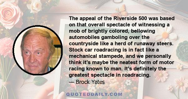 The appeal of the Riverside 500 was based on that overall spectacle of witnessing a mob of brightly colored, bellowing automobiles gamboling over the countryside like a herd of runaway steers. Stock car roadracing is in