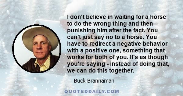 I don't believe in waiting for a horse to do the wrong thing and then punishing him after the fact. You can't just say no to a horse. You have to redirect a negative behavior with a positive one, something that works