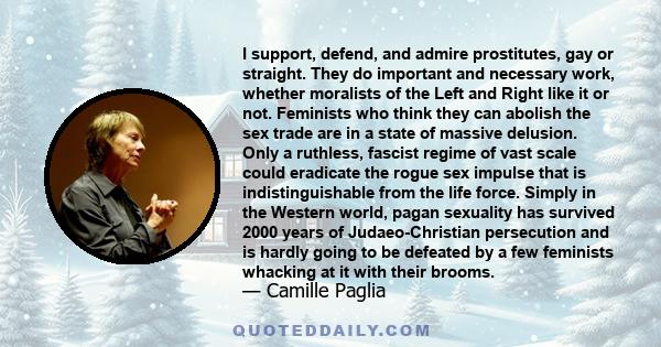 I support, defend, and admire prostitutes, gay or straight. They do important and necessary work, whether moralists of the Left and Right like it or not. Feminists who think they can abolish the sex trade are in a state