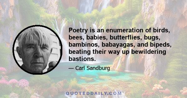 Poetry is an enumeration of birds, bees, babies, butterflies, bugs, bambinos, babayagas, and bipeds, beating their way up bewildering bastions.