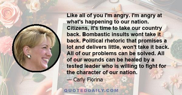Like all of you I'm angry. I'm angry at what's happening to our nation. Citizens, it's time to take our country back. Bombastic insults wont take it back. Political rhetoric that promises a lot and delivers little,