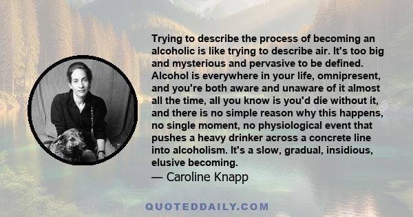 Trying to describe the process of becoming an alcoholic is like trying to describe air. It's too big and mysterious and pervasive to be defined. Alcohol is everywhere in your life, omnipresent, and you're both aware and