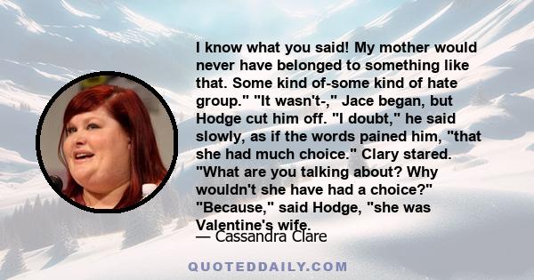 I know what you said! My mother would never have belonged to something like that. Some kind of-some kind of hate group. It wasn't-, Jace began, but Hodge cut him off. I doubt, he said slowly, as if the words pained him,