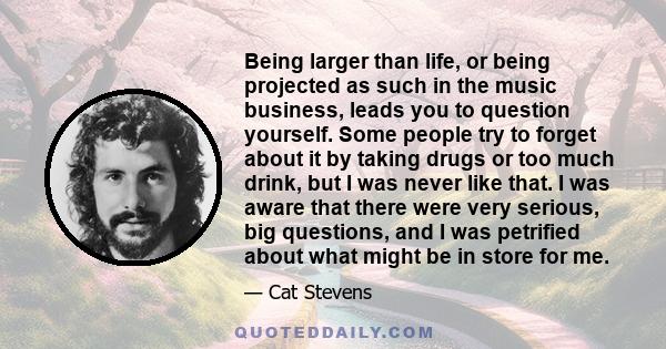 Being larger than life, or being projected as such in the music business, leads you to question yourself. Some people try to forget about it by taking drugs or too much drink, but I was never like that. I was aware that