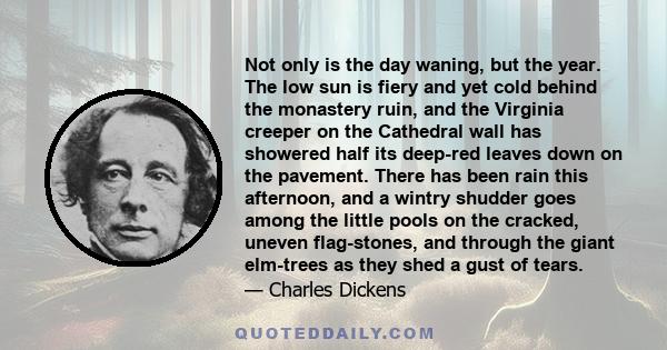 Not only is the day waning, but the year. The low sun is fiery and yet cold behind the monastery ruin, and the Virginia creeper on the Cathedral wall has showered half its deep-red leaves down on the pavement. There has