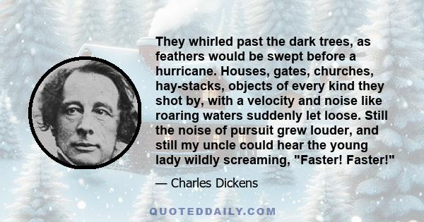 They whirled past the dark trees, as feathers would be swept before a hurricane. Houses, gates, churches, hay-stacks, objects of every kind they shot by, with a velocity and noise like roaring waters suddenly let loose.