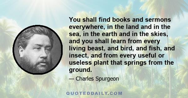 You shall find books and sermons everywhere, in the land and in the sea, in the earth and in the skies, and you shall learn from every living beast, and bird, and fish, and insect, and from every useful or useless plant