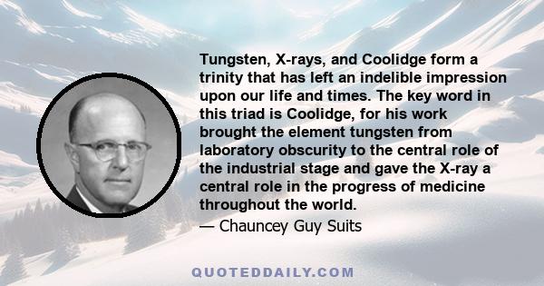 Tungsten, X-rays, and Coolidge form a trinity that has left an indelible impression upon our life and times. The key word in this triad is Coolidge, for his work brought the element tungsten from laboratory obscurity to